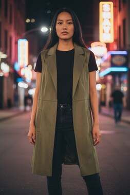 Joan Vass New York Olive Green Faux Suede Open Front Long Duster Vest Women’s La